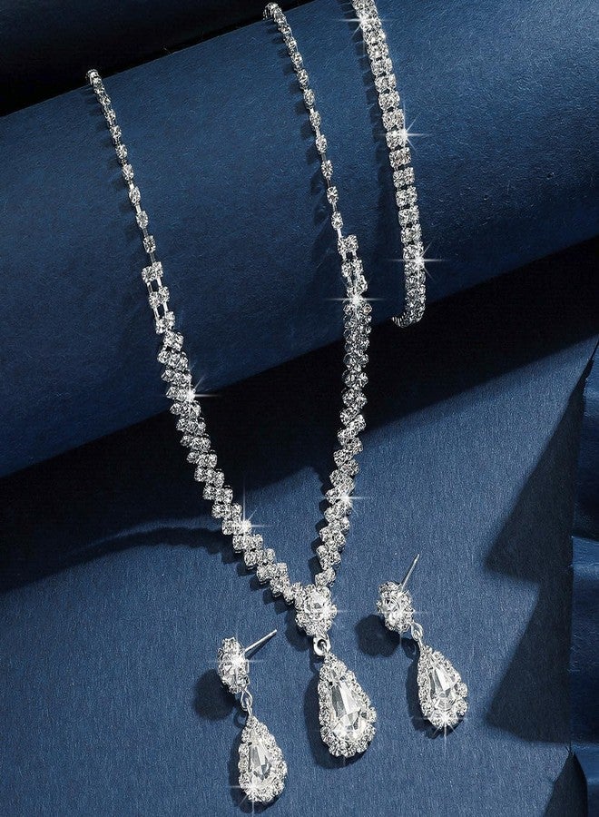 MarveBard Prom Earrings Necklace Bracelet Set for Women Bridal Wedding Prom Jewelry Set Sparkling Cubic Zirconia Teardrop Pendant Necklace Earrings Elegant Bridal Accessories for Weddings Prom Parties (White) - Image 3